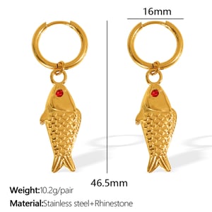 1 Pair Classic Series Daily Fish Titanium Steel  Gold Color Rhinestone Women's Drop Earrings h5 