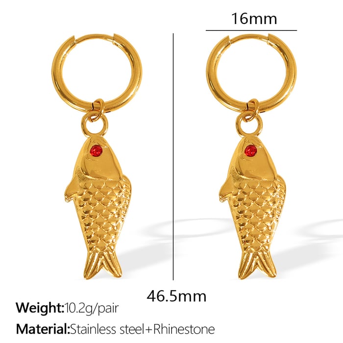 1 Pair Classic Series Daily Fish Titanium Steel  Gold Color Rhinestone Women's Drop Earrings 