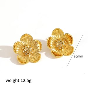 1 Pair Classic Series Elegant Flower Stainless Steel  Gold Color Rhinestone Women's Stud Earrings h5 