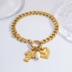 1 Piece Classic Series Daily Cross Stainless Steel  Gold Color Rhinestone Women's Charm Bracelets h5 