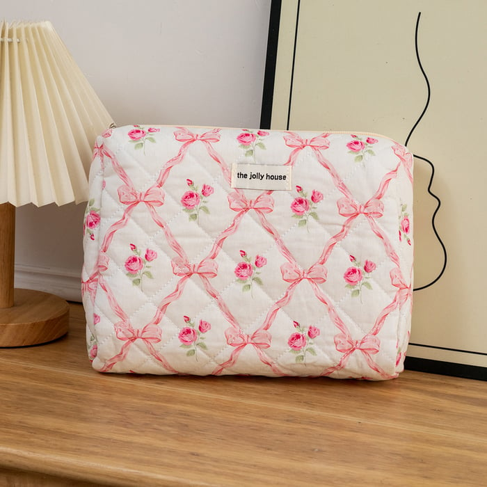 1 Piece Luxurious Floral Portable Large Capacity Beauty Case With Random Printing Design Women's Pink Cosmetic Bags 