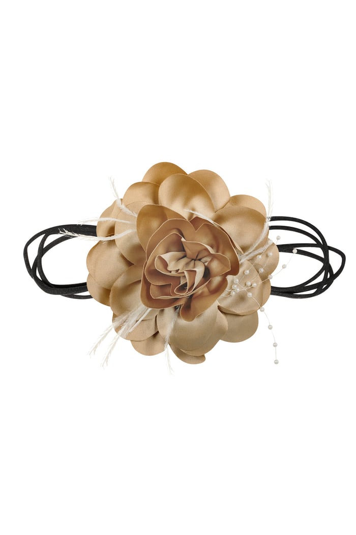 Necklace ribbon with flower and pearls - brown 