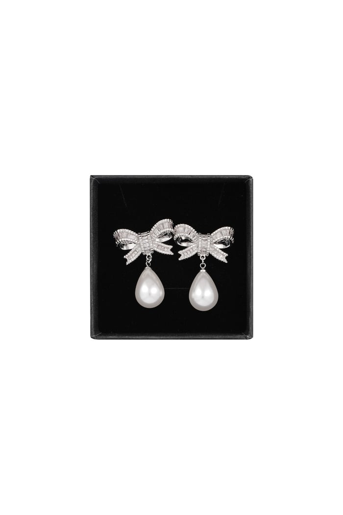 Classic bow & pearl earrings - Silver Color color 