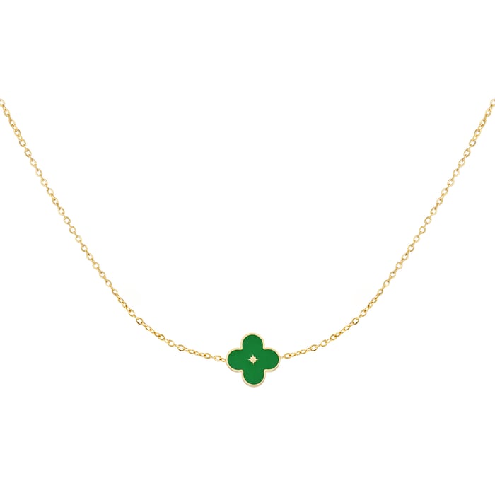 Necklace enamel flower Green & Gold Color Stainless Steel 