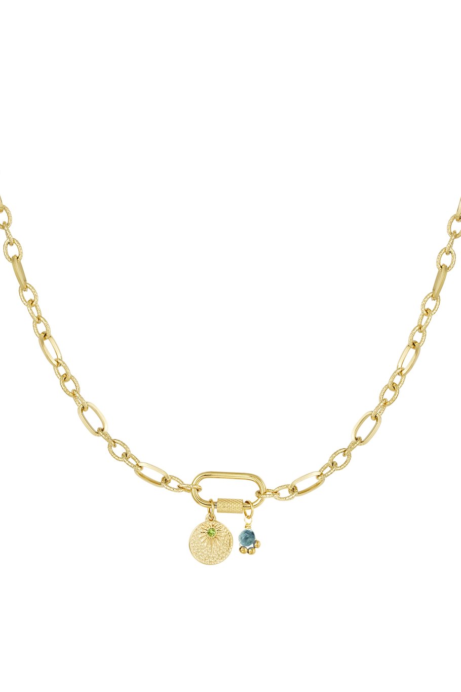 Gliederkette mit Anhängern - grüner und goldener Edelstahl
