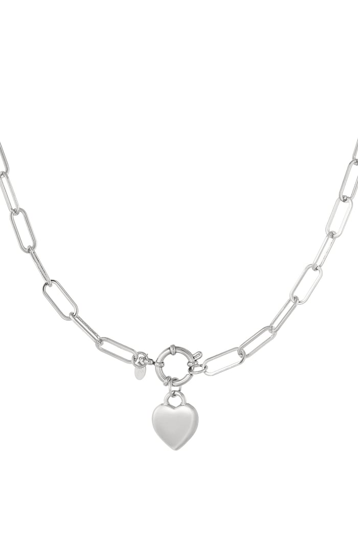 Link chain heart charm and round clasp - Silver Color color 