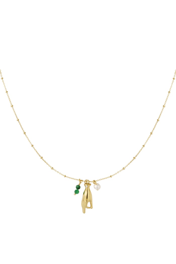 Necklace with open hand charm - green Gold color 