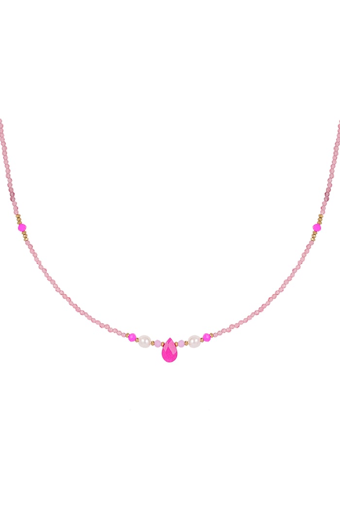 Thin beaded necklace with drop - fuchsia / Gold color 