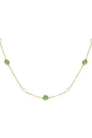 Necklace with flower and pearl charms - green/Gold color  h5 