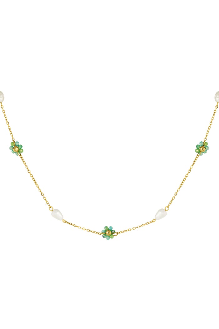 Necklace with flower and pearl charms - green/Gold color  