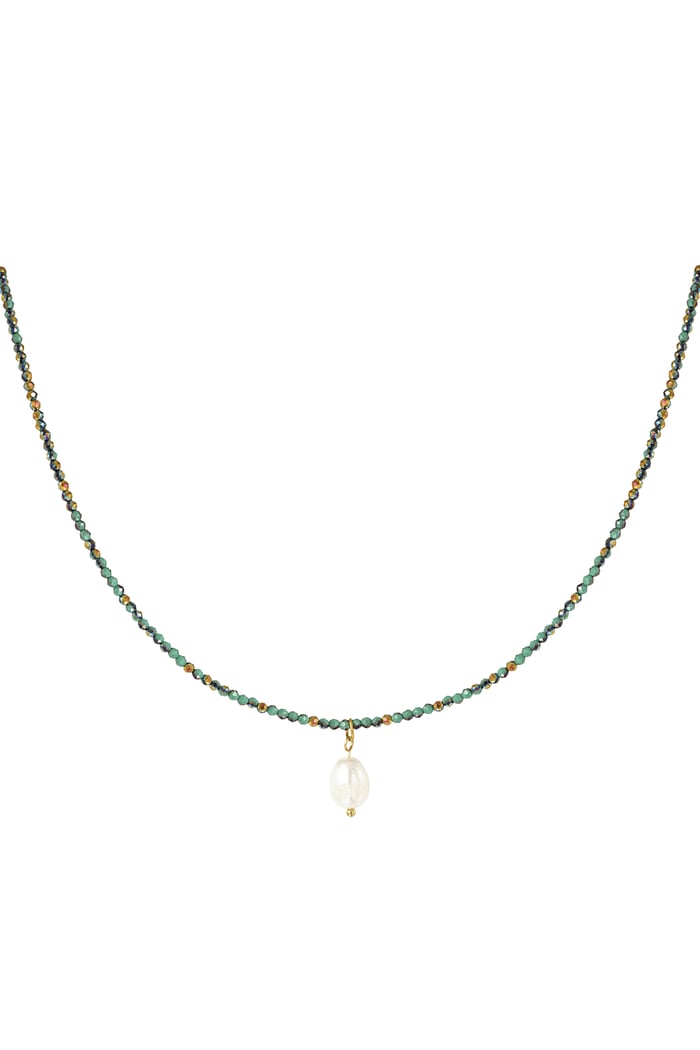 Beads necklace with pearl pendant - dark green 