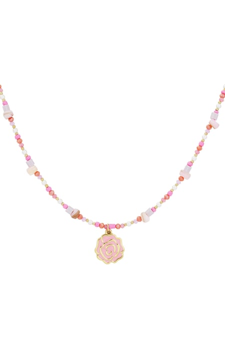 Beaded rose necklace - Pink & gold color