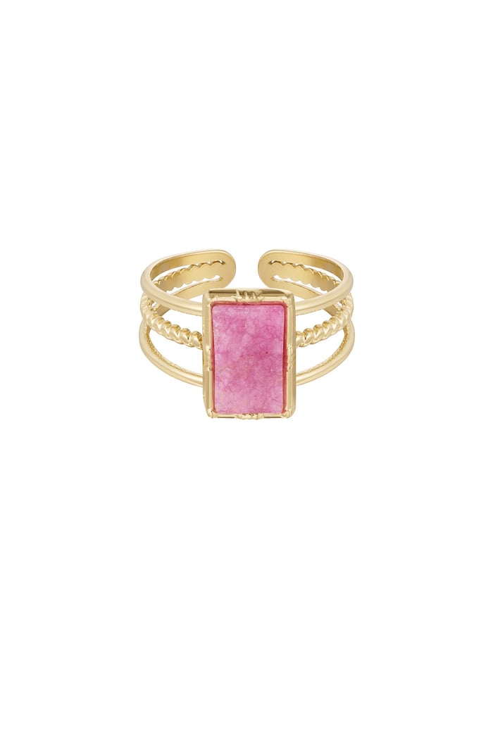 Ring three-layer rectangular stone - Gold color/fuchsia 