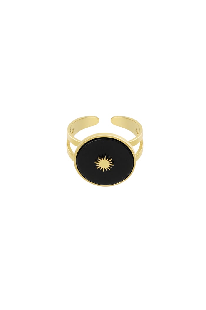 Round natural stone ring with sun - Black 