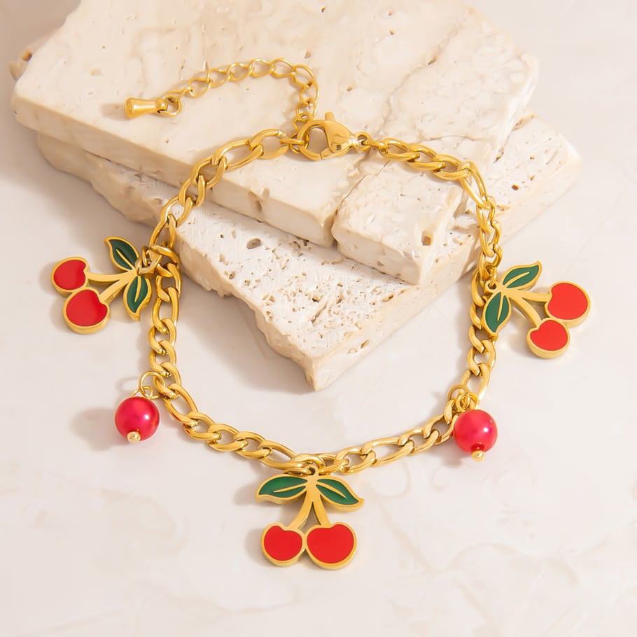 Bracelets à breloques pour femmes en acier inoxydable couleur or avec motif de fruits émaillés et taches d&#39;huile Image5