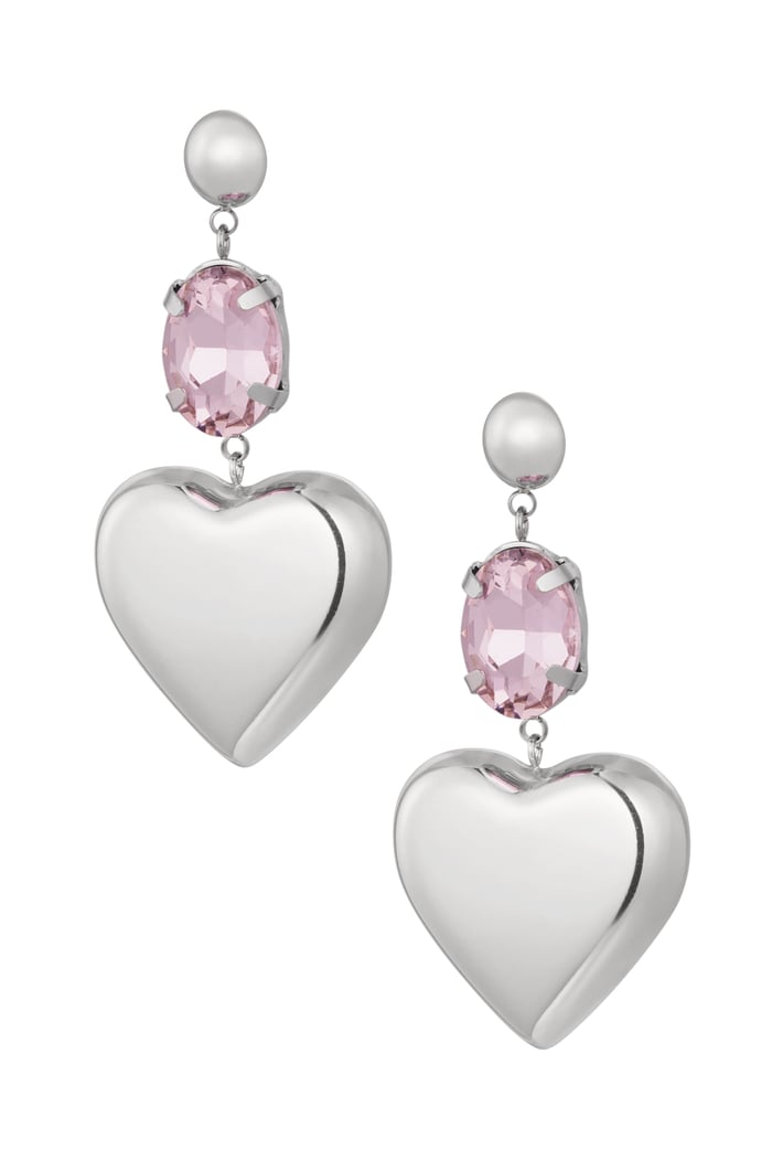 Earrings heart with stone - pink/Silver color Stainless Steel 