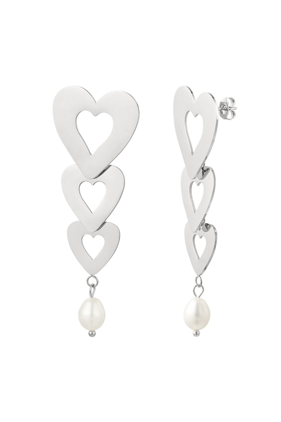 Earrings 3 hearts with pearl - Gold Color Stainless Steel