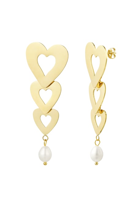 Earrings 3 hearts with pearl - Gold Color Stainless Steel 2