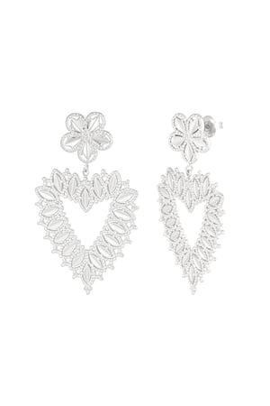 Flower earrings with heart shape pendant - Silver Color color h5 