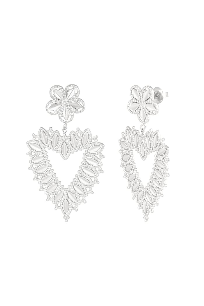 Flower earrings with heart shape pendant - Silver Color color 