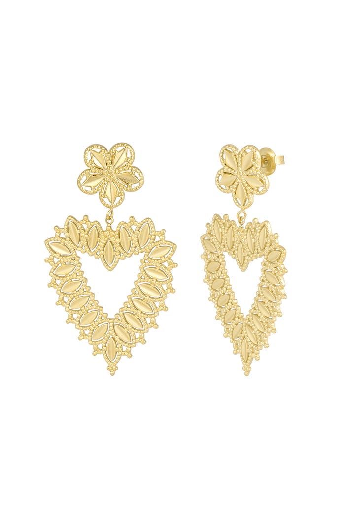 Flower earrings with heart shape pendant - Gold color 