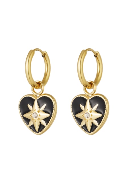 Earrings black heart with star - Gold color/black