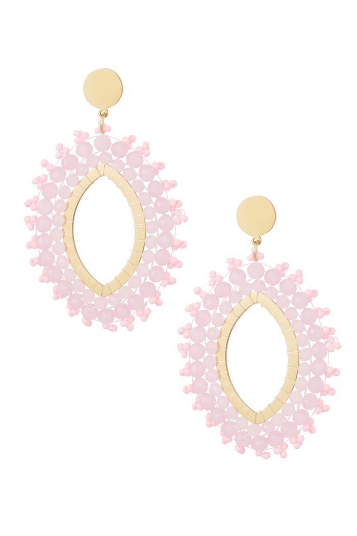 Earring oval crystal beads - pink stainless steel 