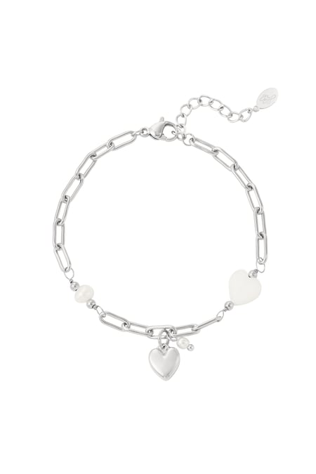 Pulsera de eslabones con corazones y perla - Color plata