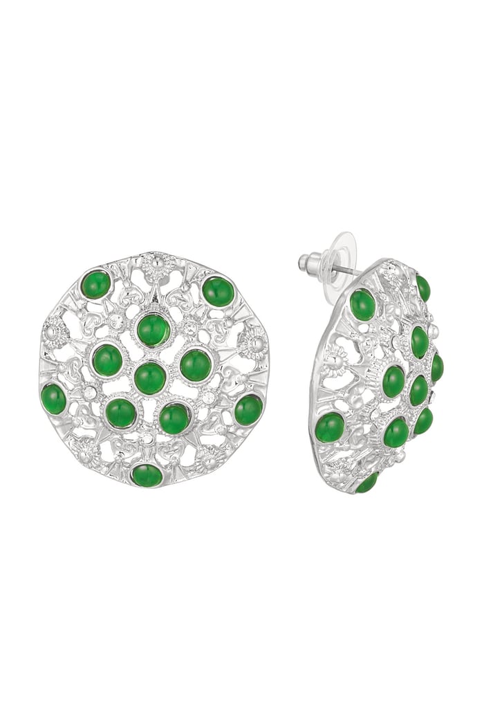 Earrings mandela with green stones - Silver Color color 