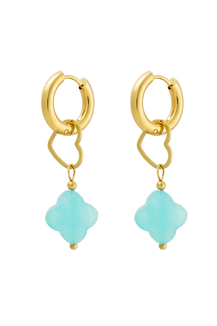 Earrings charm heart with clover - Gold color/blue 