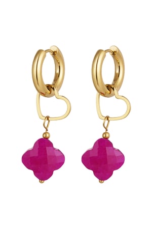 Earrings charm heart with clover - Gold color/fuchsia h5 