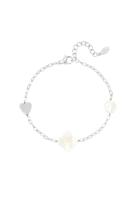 Bracelet pearl, heart & clover - Silver Color color