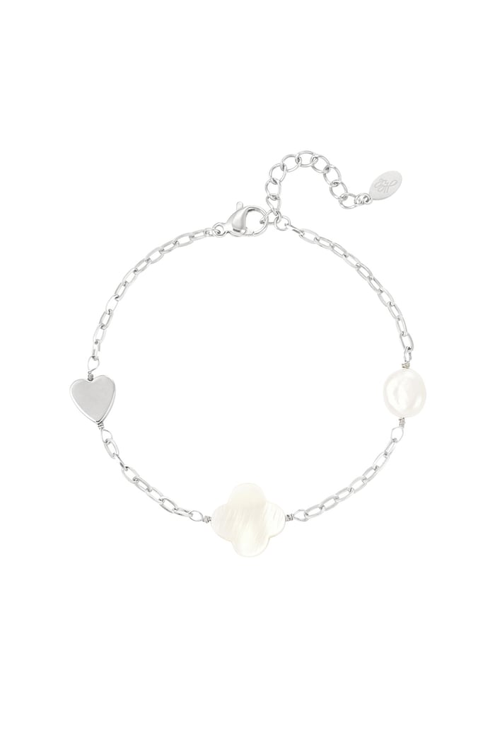 Bracelet pearl, heart & clover - Silver Color color 