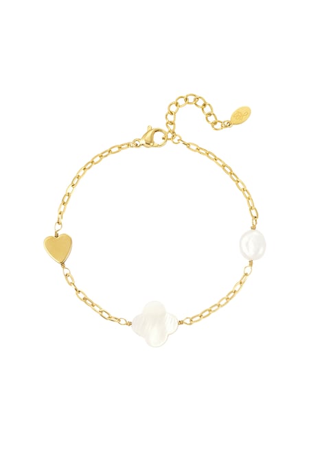 Bracelet pearl, heart & clover - Gold color