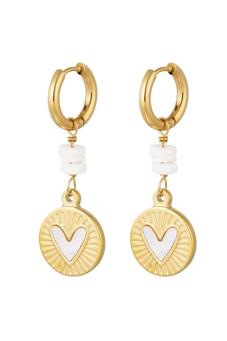 Earrings hanging heart coin - Gold color/white 2