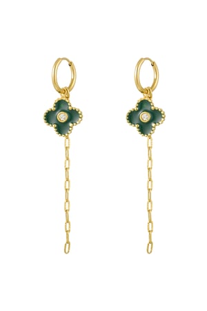 Earring clover with chain green - Gold color h5 