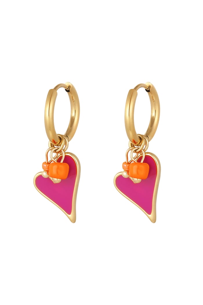 Earring heart with beads pink - Gold color 