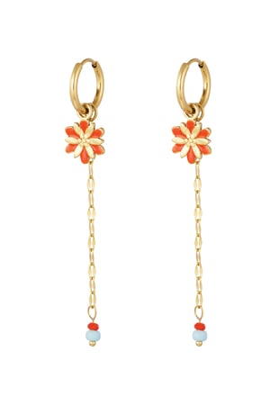 Earring flower with chain and beads red - Gold color h5 