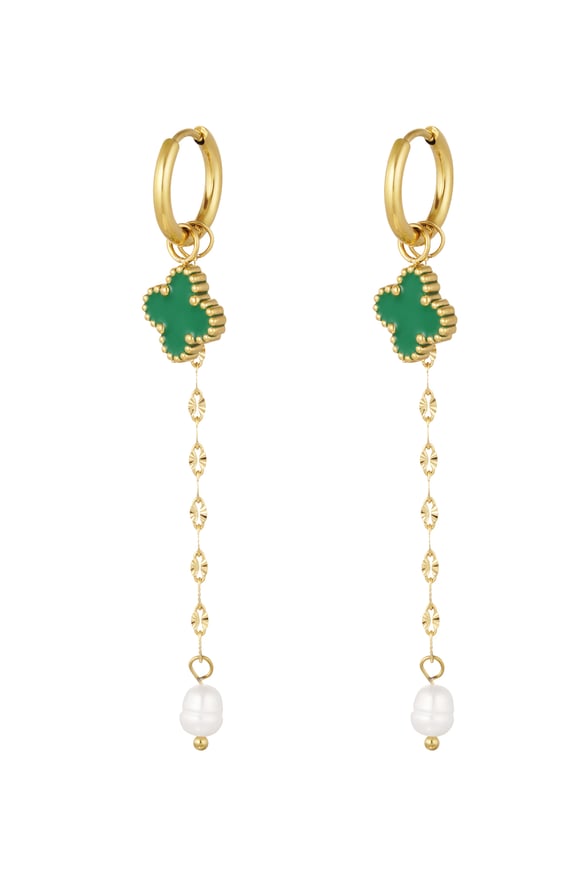 Pendiente trébol con cadena y verde perla - Color dorado