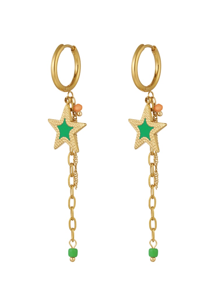 Earrings with chain and star green - Gold color 