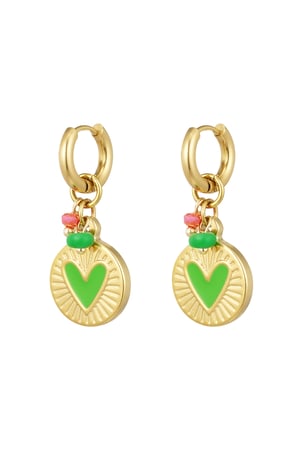 Earrings coin pendant with heart green - Gold color h5 