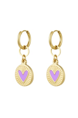 Earring round with heart purple - Gold color h5 