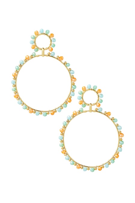 Earrings double beaded circles - Gold color/blue/orange