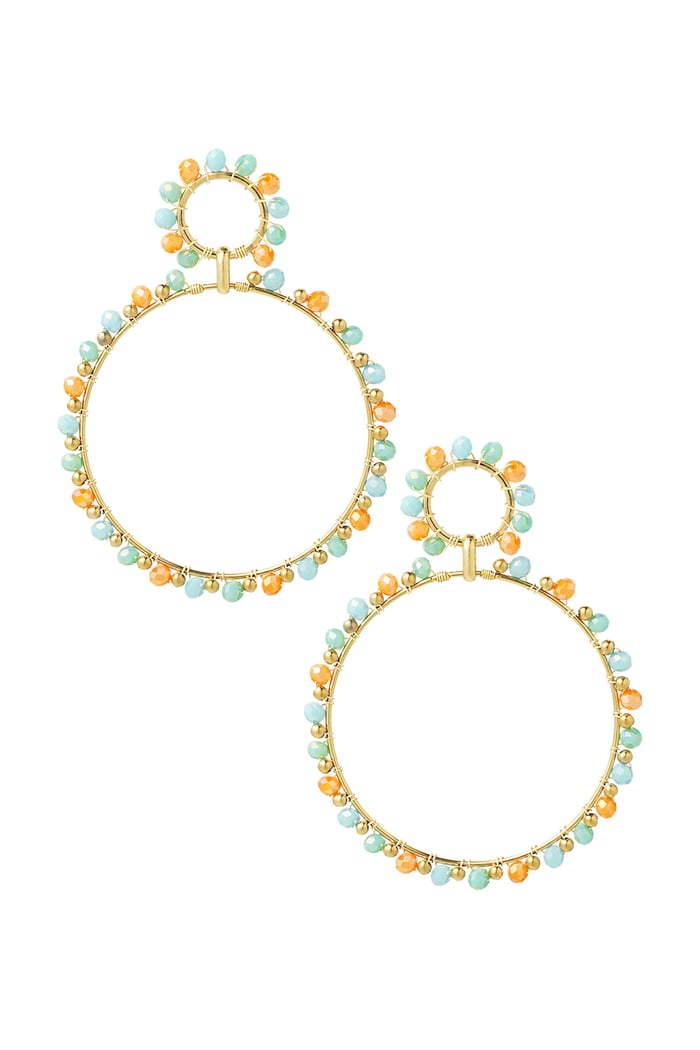 Earrings double beaded circles - Gold color/blue/orange 