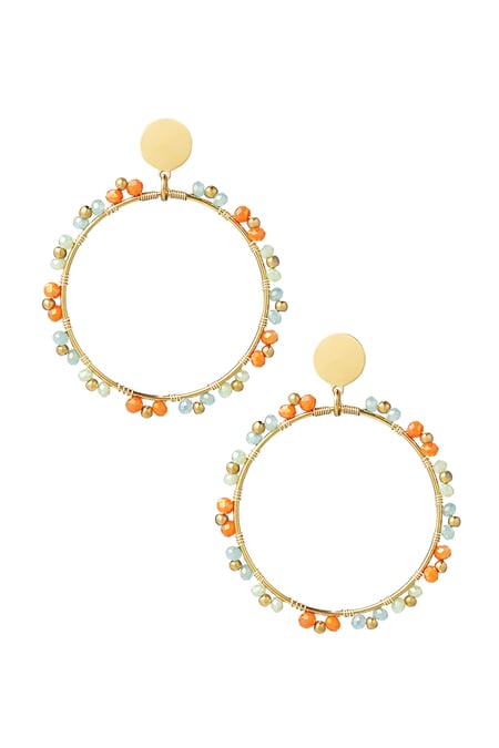 Round earrings beads - Gold color/blue/orange 2