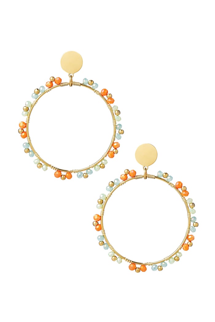 Round earrings beads - Gold color/blue/orange 