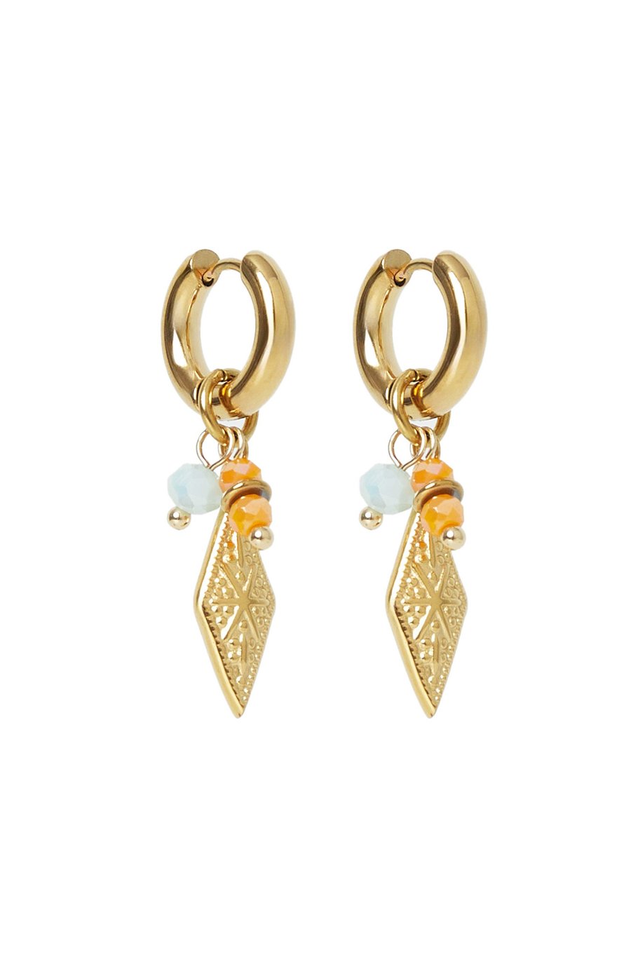 Ohrringe mit rautenförmigem Anhänger und Perlen aus Goldfarbe/Multi-Edelstahl