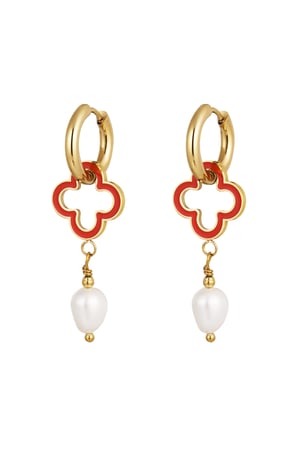 Earrings clover with pearl - Gold color/red h5 