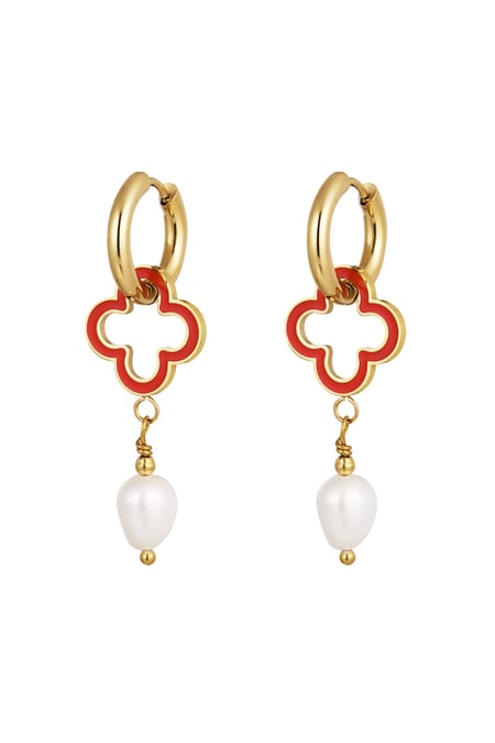 Earrings clover with pearl - Gold color/red 2