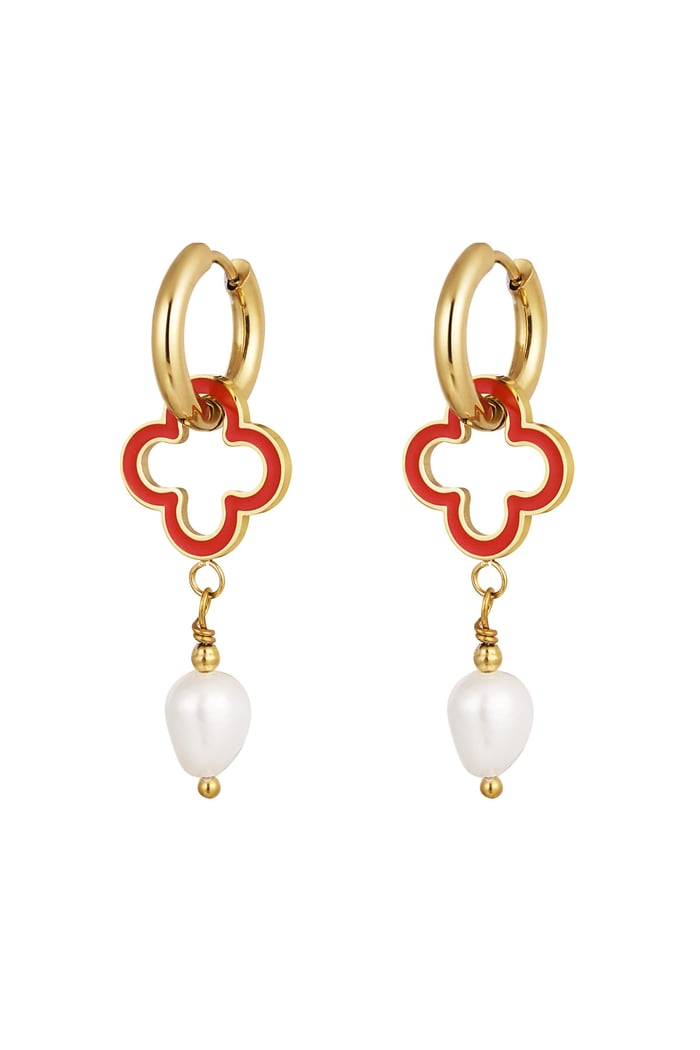 Earrings clover with pearl - Gold color/red 